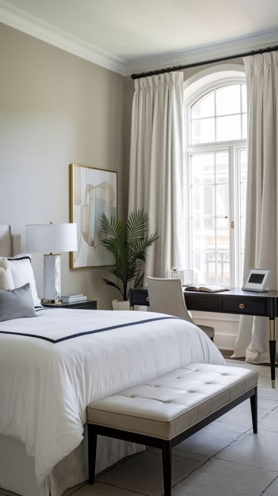 A sophisticated guest bedroom that thoughtfully incorporates an office area, with a dark wood desk and a light-colored chair placed in front of a grand arched window. The bedroom is appointed with a crisp white bed featuring dark blue trim and a comfortable tufted bench at its foot.