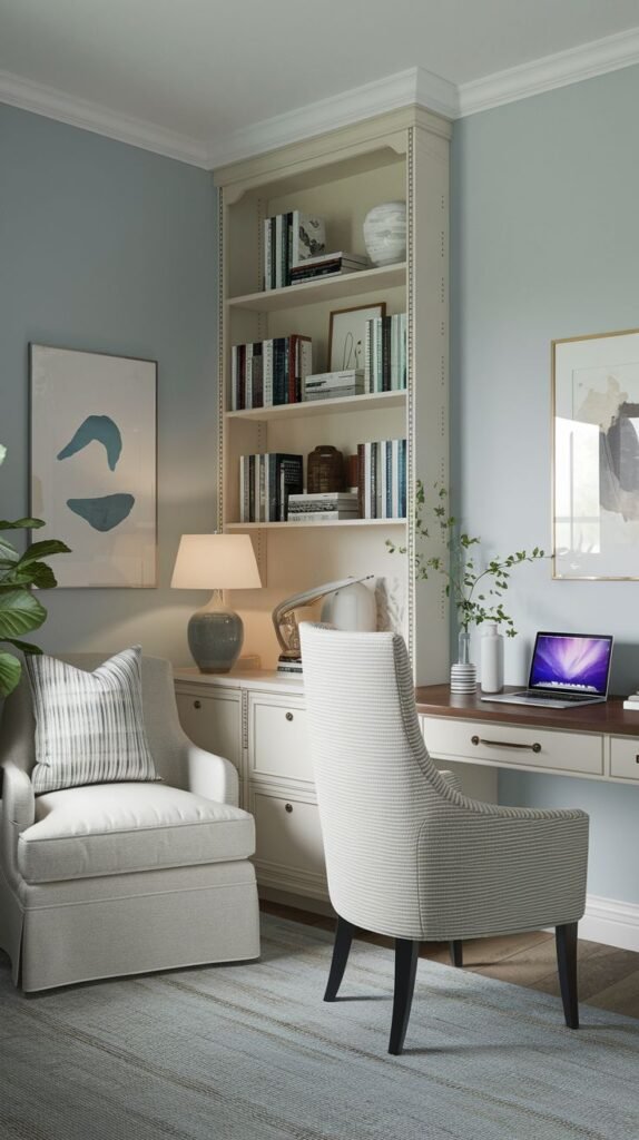 A serene guest bedroom with a dedicated office nook, featuring a light wood desk with a laptop and a striped upholstered chair. The space includes a large built-in white bookshelf and cabinet unit, and a cozy armchair, all within a room with calming light blue walls.