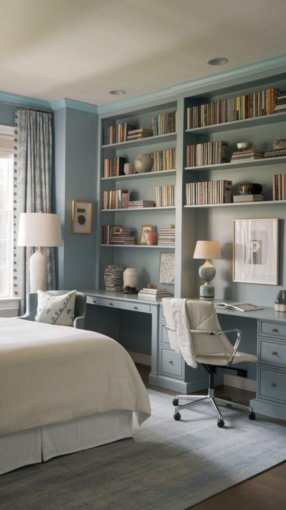 A spacious and well-appointed guest bedroom and office suite, characterized by extensive built-in blue bookshelves and two integrated desk areas equipped with office chairs. The calming blue walls define this versatile bedroom space, making it ideal for both visitors and remote work.