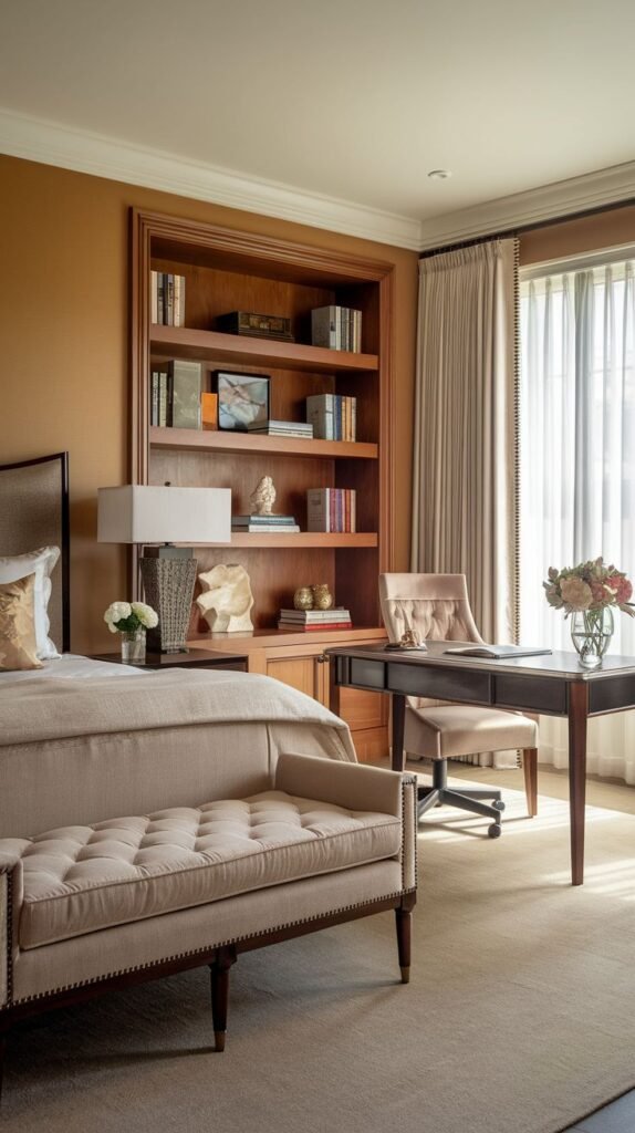 A comfortable guest bedroom incorporating a refined office setup, with a dark wood desk and an upholstered chair situated by a window with light curtains. The bedroom features a light-colored bed with a tufted bench and a large wooden built-in bookshelf, providing a cozy and elegant work-from-home environment.