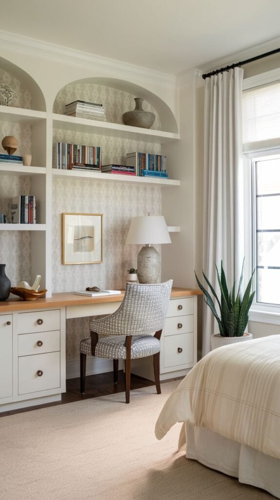 A charming guest bedroom with an integrated office space, distinguished by a white built-in desk with drawers and a patterned chair. Arched shelves above the desk, a decorative wallpaper accent wall, and a tall plant by the window enhance this inviting bedroom environment.