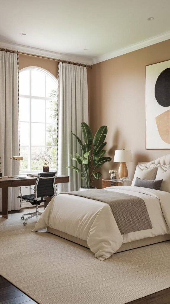 An airy and expansive guest bedroom that effectively integrates an office setup, showcasing a large dark wood desk and a black office chair in front of an impressive arched window. The neutral wall tones and a tall plant contribute to the serene atmosphere of this elegant bedroom.