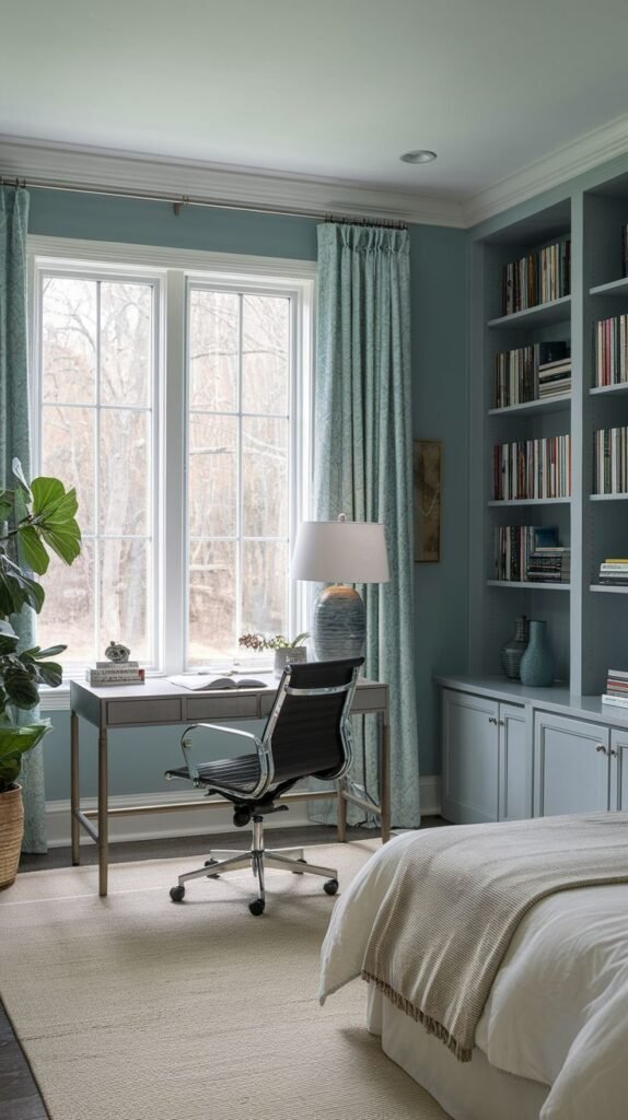 A bright and functional guest bedroom featuring a convenient office area with a light-colored desk and a black office chair positioned by a large window. The bedroom also includes a prominent built-in blue bookshelf, providing ample storage and a cohesive design in a room with light blue walls.