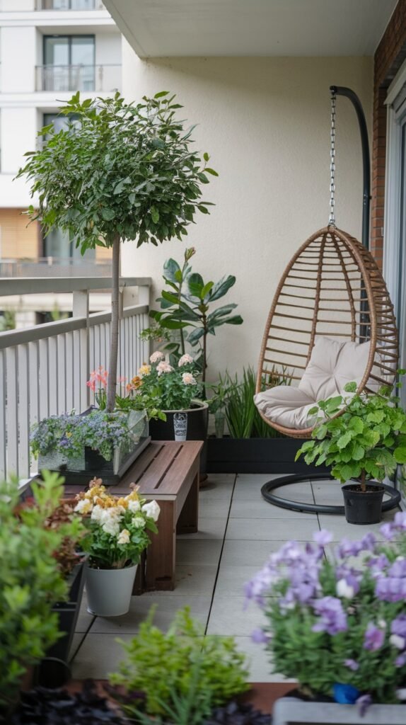 This small balcony garden in an apartment setting includes a comfortable hanging egg chair, a wooden bench, and a diverse collection of potted plants, notably a round topiary tree.