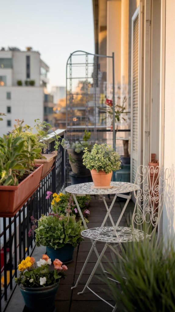 A bright small balcony garden on an apartment, featuring a white wrought-iron table and chairs, surrounded by potted flowers and plants, with city buildings in the distance.