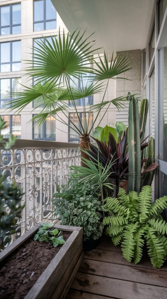 A tropical-themed small balcony garden for an apartment, highlighting a large palm tree, a tall cactus, and various ferns and foliage plants, creating a lush retreat.