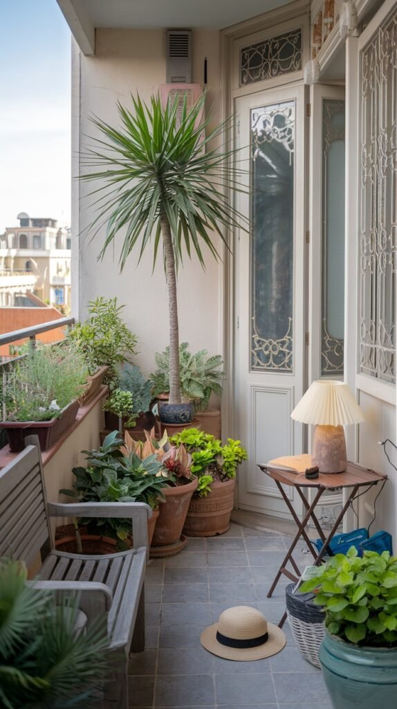 This tranquil small balcony garden provides a relaxing space in an apartment, with a tall palm-like tree, a wooden bench, and numerous potted plants, along with a side table and lamp.
