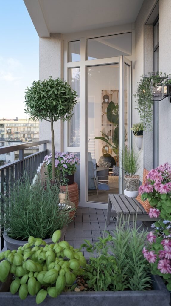 A meticulously arranged small balcony garden on an apartment, featuring a spherical topiary tree, vibrant pink and purple flowering plants, and aromatic herbs like basil and lavender.