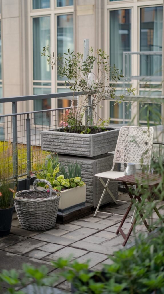 A practical small balcony garden design for an apartment utilizes large concrete planters, a delicate tree, a woven basket, and a white metal chair with a small wooden table.