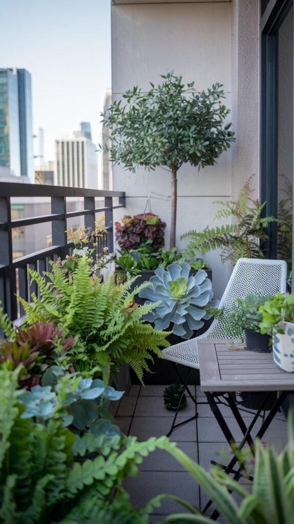 A densely planted small balcony garden on an apartment offers a rich display of various ferns, large succulents, and a topiary tree, with a small table and a white metal chair nestled amongst the greenery.