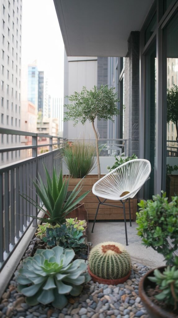 A minimalist yet green small balcony garden in an apartment, featuring a white string chair, various large succulents, a spherical cactus, and a small tree, with decorative gravel on the floor.