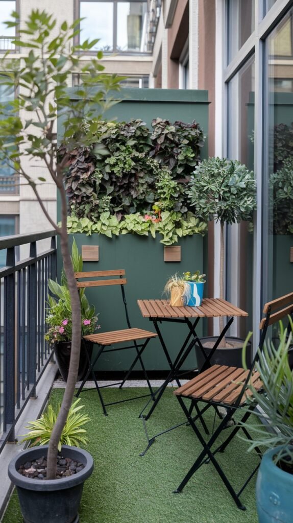 This innovative small balcony garden in an apartment incorporates a vibrant vertical garden on a green wall, a small wooden table and chairs, and potted plants on a green artificial turf floor.