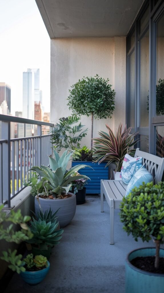 A comfortable small balcony garden in an apartment with a light-colored wooden bench adorned with pillows, a topiary tree, and an impressive collection of large potted succulents and other plants.