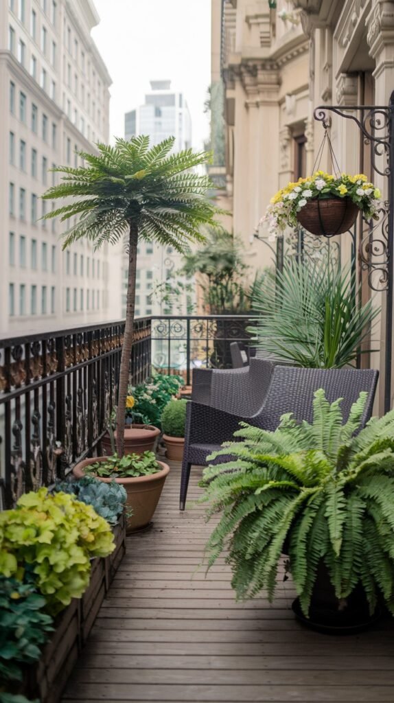 A charming small balcony garden on an apartment building, featuring two dark wicker chairs, a small palm tree, a hanging basket of flowers, and lush ferns, creating a cozy outdoor space.