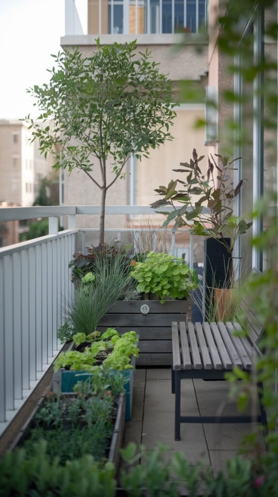 A serene small balcony garden for an apartment, featuring a slatted wooden bench, a variety of green plants in wooden planters and pots, and a slender tree.