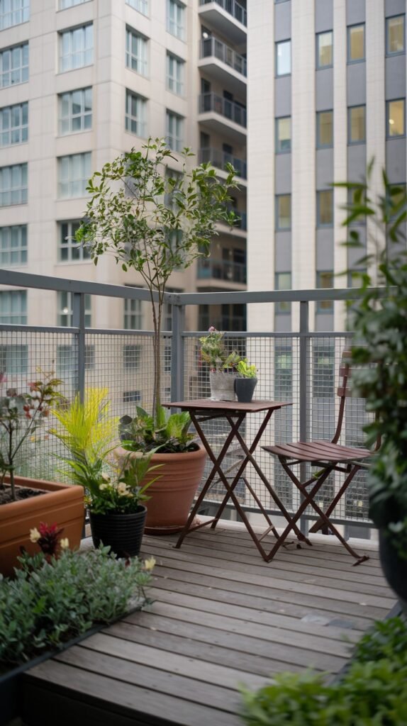 This inviting small balcony garden on an apartment features a wooden deck floor, a small red bistro table and matching chair, surrounded by potted plants and a small tree.