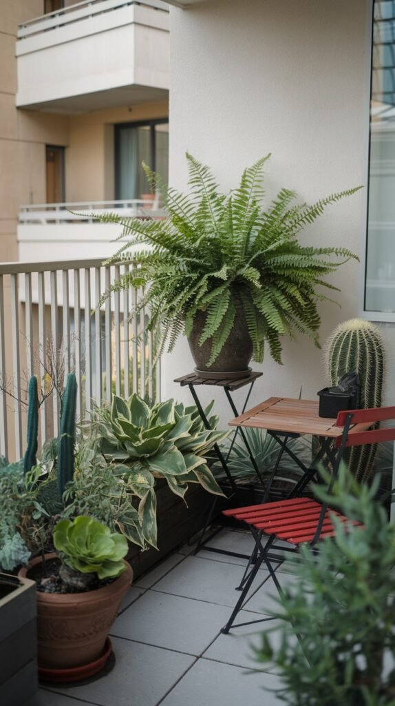 A verdant small balcony garden ideal for an apartment, with a prominent large Boston fern, a tall cactus, various succulents, and a small wooden table with red chairs.