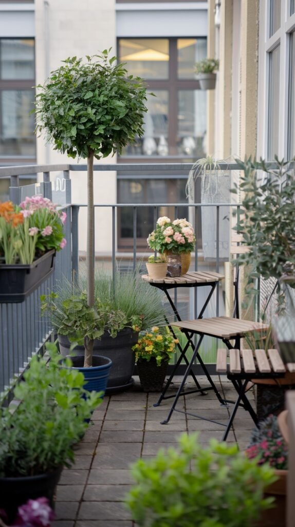 A classic small balcony garden setup for an apartment, complete with a topiary tree, a small table decorated with flowers, and two wooden folding chairs, surrounded by potted plants and colorful blooms.