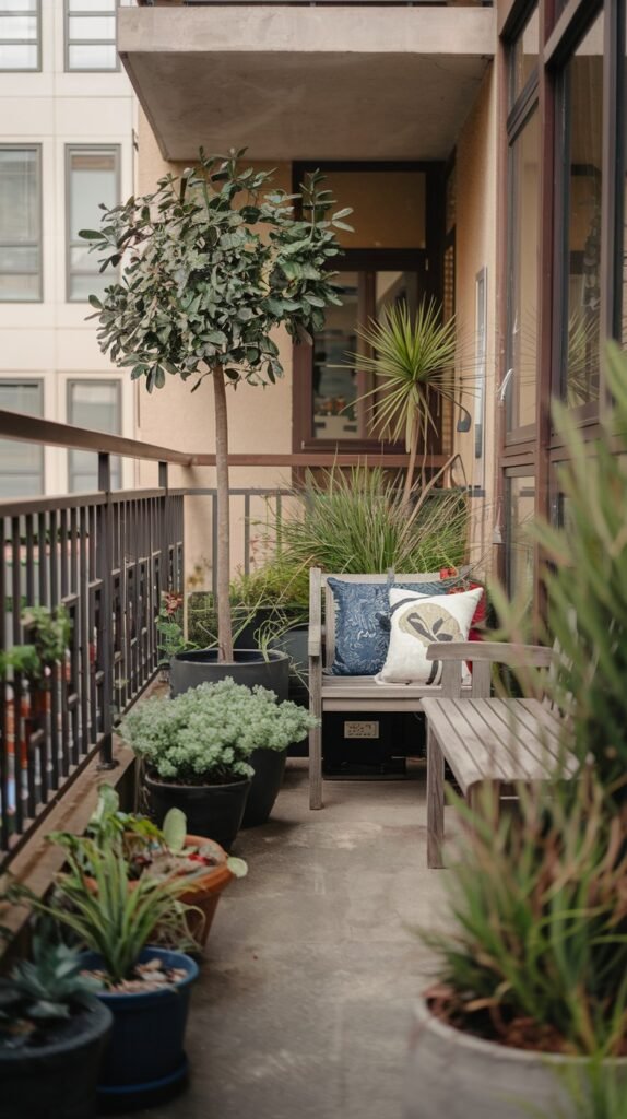 A relaxing small balcony garden space in an apartment, featuring a sturdy wooden bench with patterned pillows, a round topiary tree, and various potted plants along the railing.