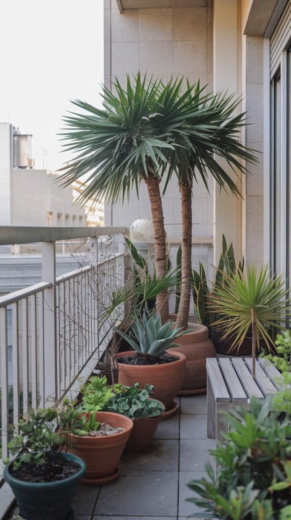 An expansive small balcony garden with two tall palm-like trees, a wooden bench, and a collection of large potted succulents and other plants, creating a robust green space for an apartment.