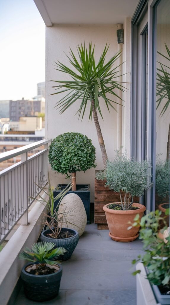 A thoughtfully designed small balcony garden on an apartment, including a topiary tree, a tall spiky plant, and other potted plants in various sizes and textures, with a decorative stone accent.