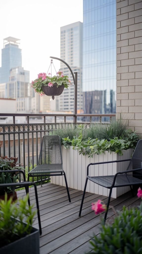 This contemporary small balcony garden in an apartment features two black metal chairs, a large white planter box filled with green foliage, and a hanging basket with pink flowers, overlooking the city.