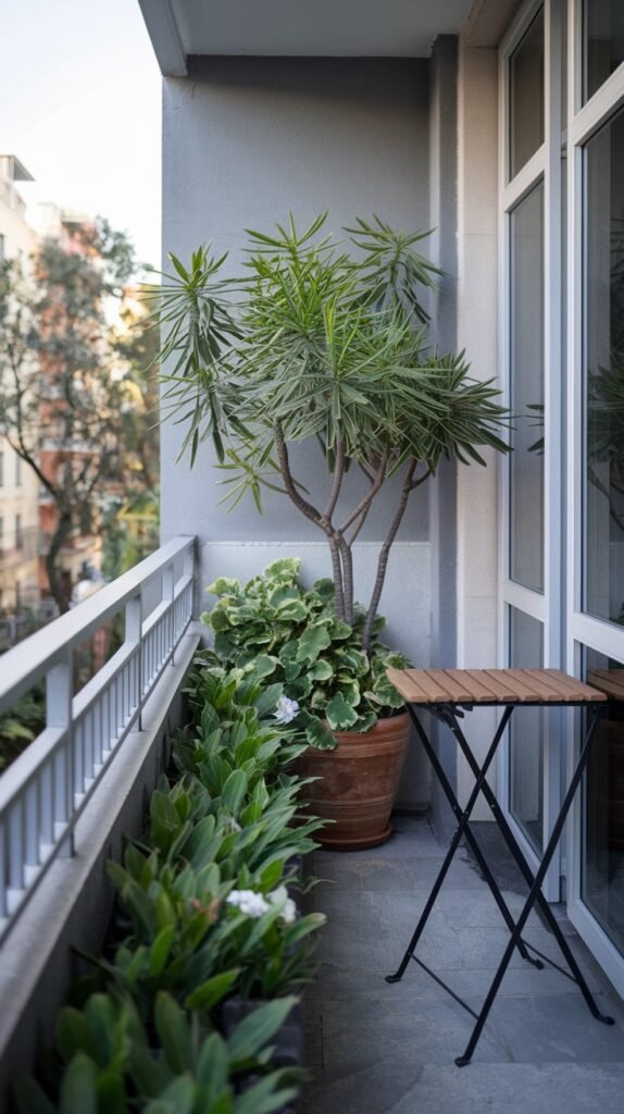 A linear small balcony garden on an apartment with a tall potted tree, a row of green plants along the railing, and a small wooden folding table, offering a private green corridor.