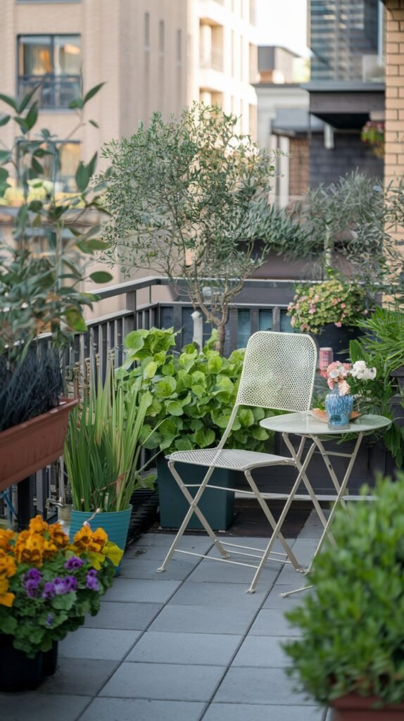 A bright and airy small balcony garden for an apartment, furnished with a white metal chair and a small round table, surrounded by a variety of potted plants including an olive tree and colorful annuals.