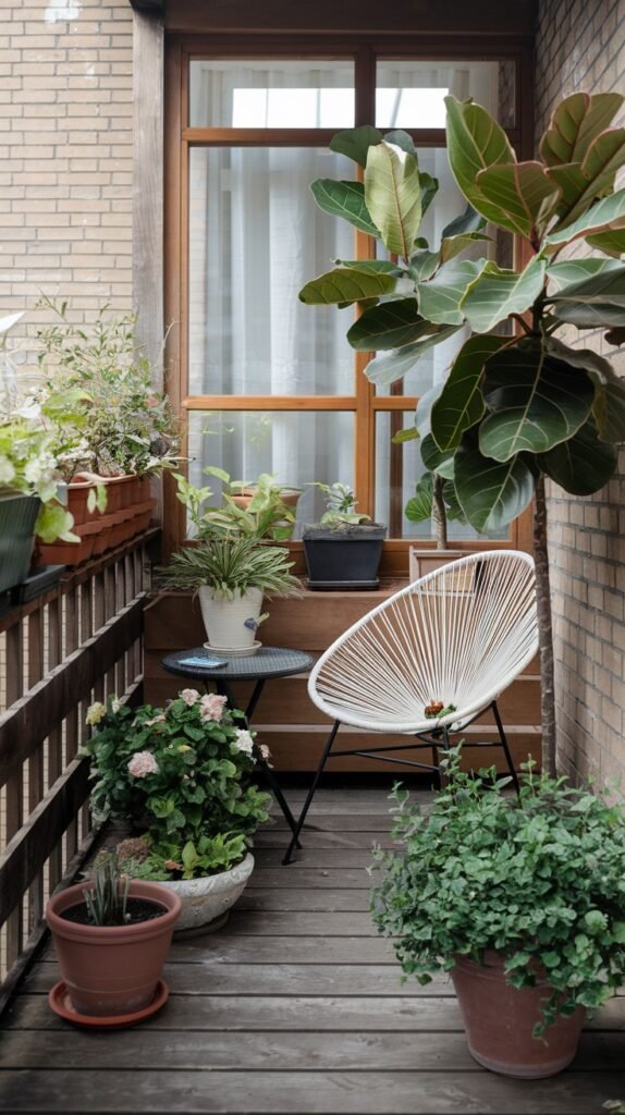 A charming small balcony garden enclosed on an apartment or patio, featuring a unique white string chair, a small table, and an abundance of potted plants, including a large fiddle-leaf fig.