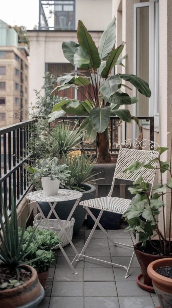 This small balcony garden provides an intimate seating area with a white metal table and chair, complemented by a large tropical plant and other potted greens, suitable for an apartment.