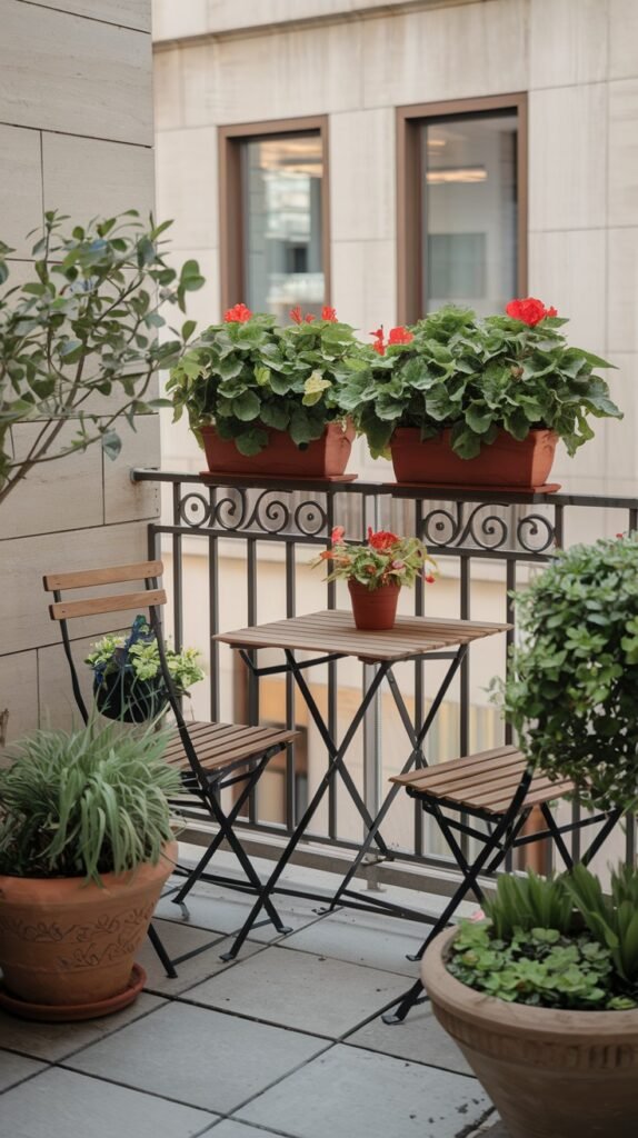 A classic small balcony garden in an apartment setting, featuring a metal railing adorned with terracotta window boxes of red geraniums, a wooden bistro table and chairs, and additional potted plants.