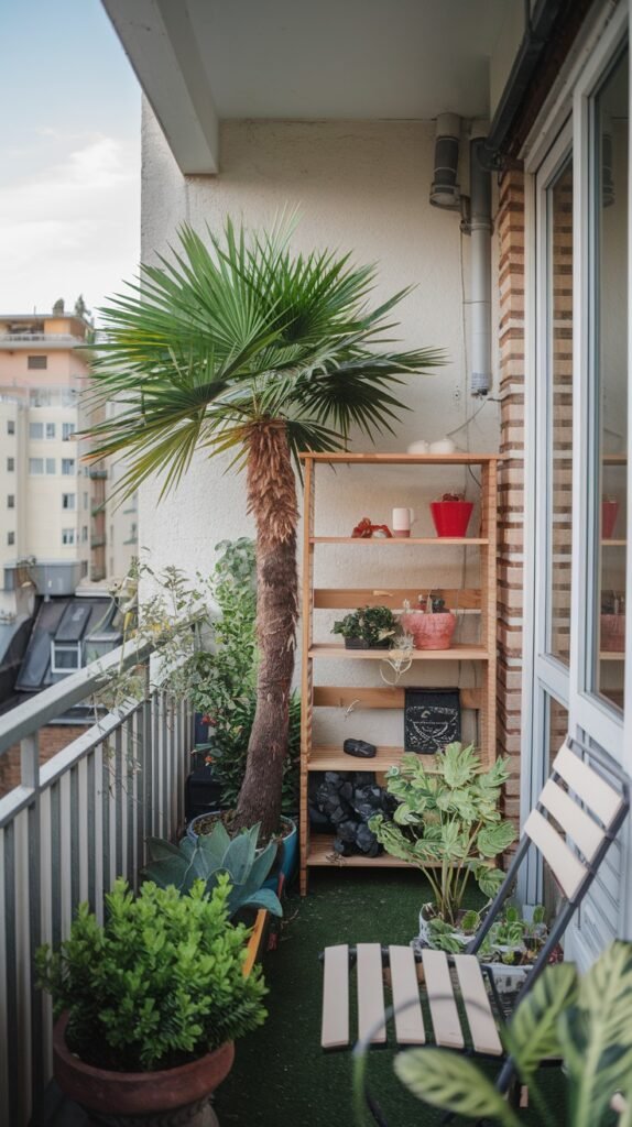 A functional small balcony garden on an apartment with artificial green turf, a tall palm tree, a wooden shelving unit for decor, a small chair, and various potted plants.