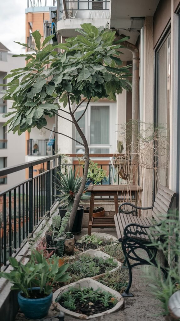 A well-appointed small balcony garden on an apartment, featuring a large potted tree, a sturdy wooden bench, and a mix of potted plants and built-in garden beds.