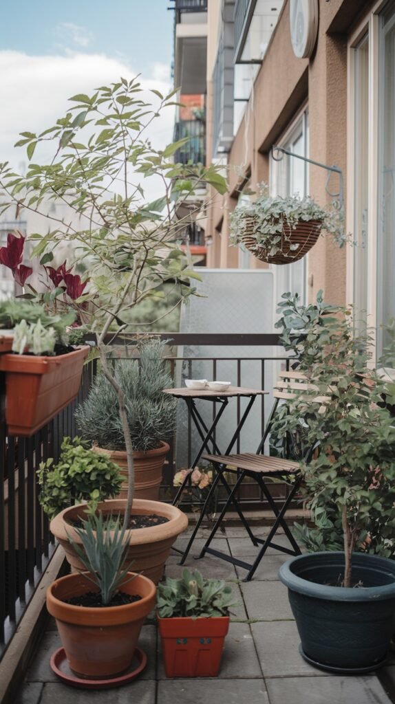 A small balcony garden on an apartment building features a compact metal table and two chairs, surrounded by various potted plants including a hanging basket and a tree.