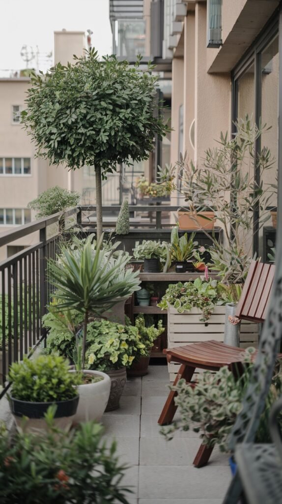 A lush small balcony garden transforms an apartment space with numerous potted plants, a spherical topiary tree, and a wooden chair, creating a green oasis.