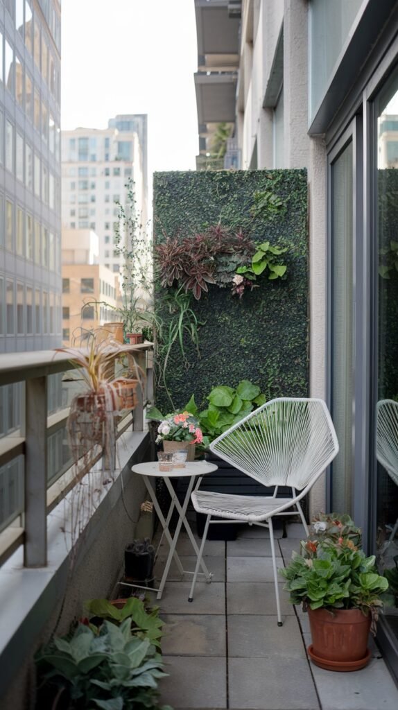 A modern small balcony garden in an apartment building features a white string chair and table, alongside a prominent green vertical garden wall and potted plants.