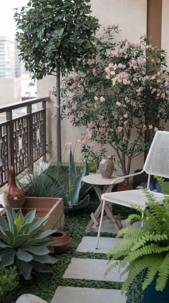 This charming small balcony garden design for an apartment includes a white metal table and chair, a blossoming pink tree, various succulents, and decorative paving stones set in green ground cover.