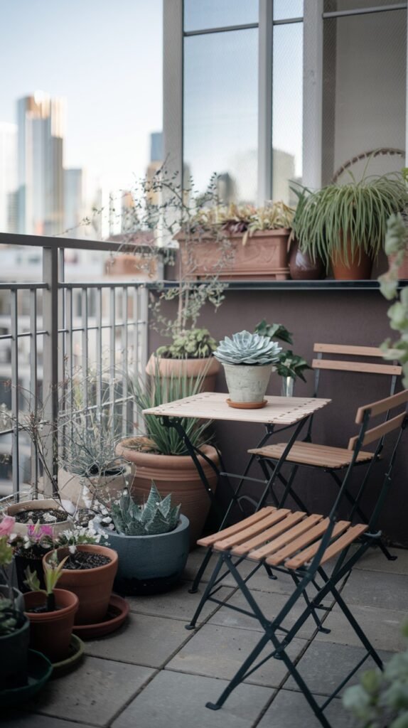 A cozy small balcony garden setting with a bistro table and two wooden chairs, densely surrounded by an array of potted succulents and other plants, offering a view of the city from an apartment.