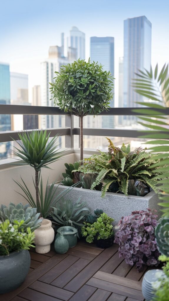 A vibrant small balcony garden on an apartment rooftop, showcasing a rich variety of plants including ferns, succulents, and a topiary tree, artfully arranged around a large planter box with a city skyline backdrop.