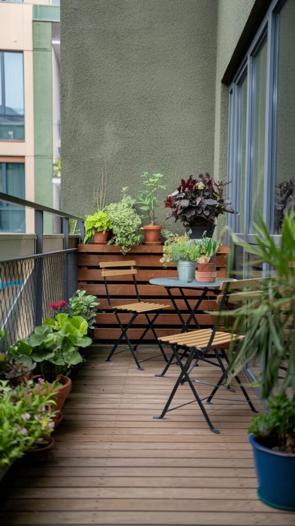 This inviting small balcony garden in an apartment has a warm aesthetic with wooden slatted flooring and a matching wall feature, a small metal table, wooden chairs, and abundant potted greenery.