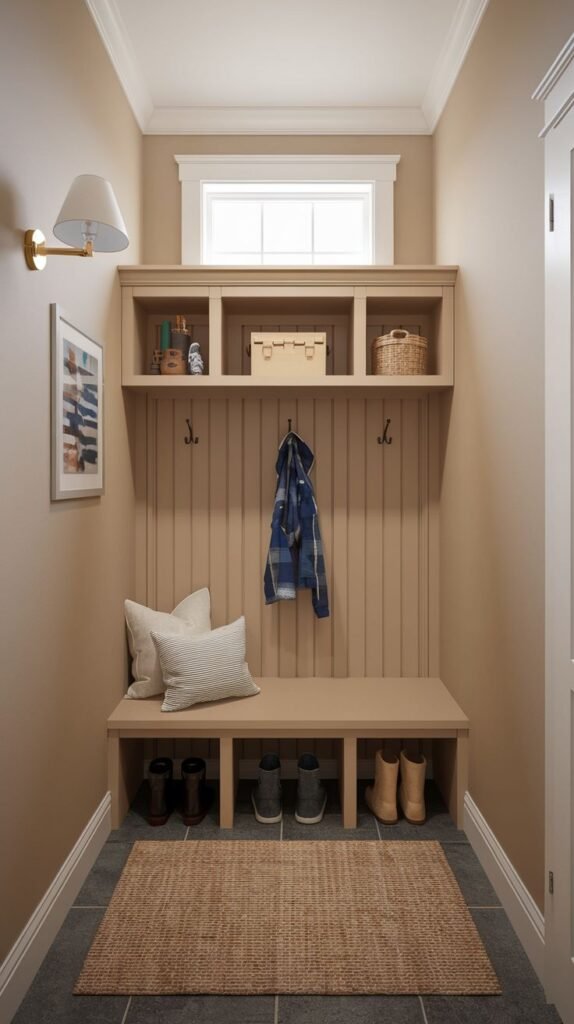 A small entryway mudroom with a light, airy feel, featuring a light wooden bench with shoe storage cubbies and a light beadboard back. Upper cubbies provide open storage for baskets and decorative items. A small window with trim and a wall sconce are visible. The walls are light brown, and a textured rug is placed on the dark tiled floor.