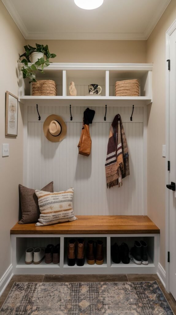 A bright small entryway mudroom featuring a white built-in unit with a natural wood bench top and shoe cubbies below. The back wall has white beadboard paneling and hooks for coats and a hat. An upper white shelf has cubbies for woven baskets and decorative items. Light brown walls and a patterned rug on the tiled floor complete the look.
