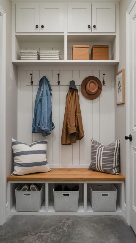 A tidy small entryway mudroom showcasing a white built-in unit with upper cabinets and open shelves holding various storage boxes and folded items. The white beadboard back features hooks for hanging coats and a hat. A wooden bench top is adorned with striped cushions, and three gray storage bins are neatly placed in the cubbies underneath.