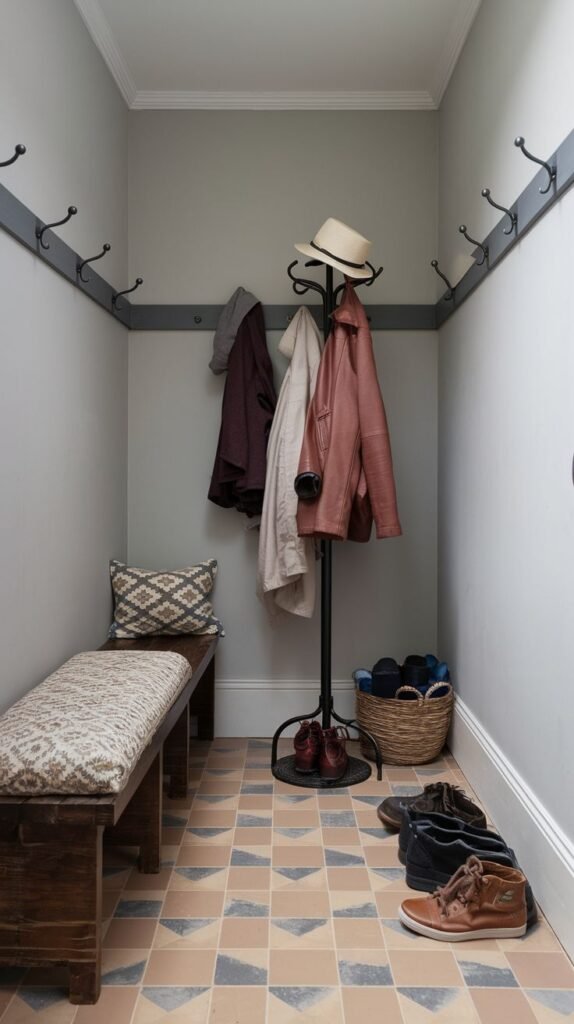 A small entryway mudroom with light gray walls and a distinctive patterned tiled floor. It features a rustic wooden bench with a patterned cushion, a traditional floor-standing coat rack holding coats and a hat, and additional wall-mounted hooks. A wicker basket full of shoes is on the floor next to the coat rack.