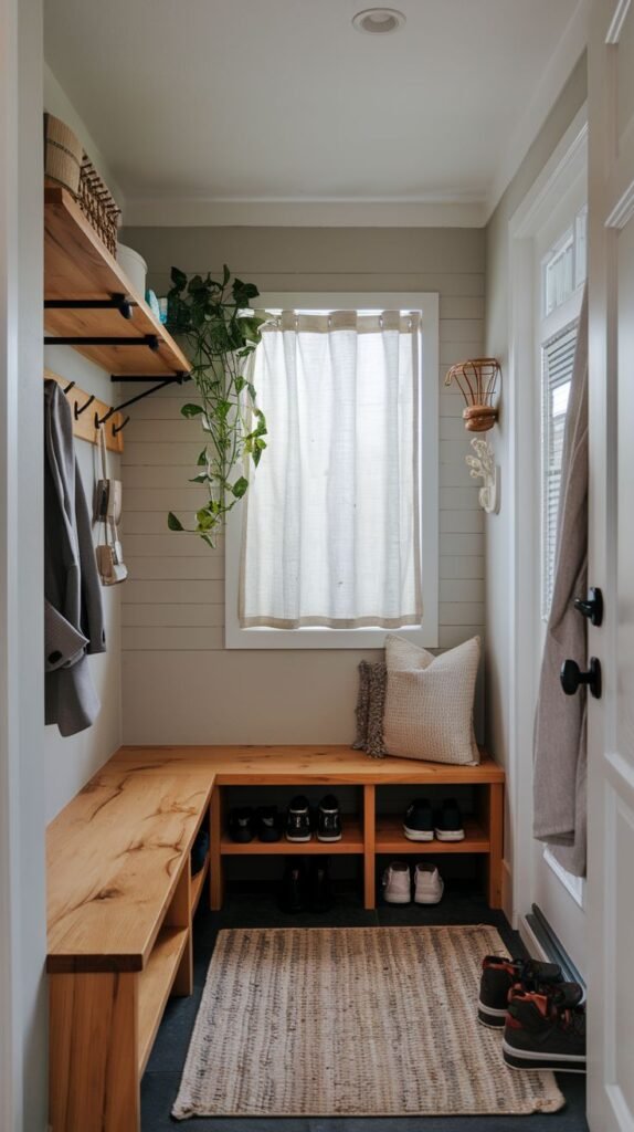 A bright and cozy small entryway mudroom featuring an L-shaped natural wooden bench with shoe storage cubbies. Wooden shelves above provide storage and display space for a hanging plant. A window with a sheer curtain brightens the room. Light gray shiplap walls and a small textured rug on the dark tiled floor complete the space.