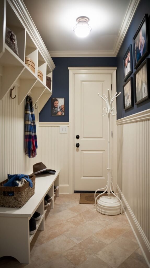 A small entryway mudroom with a striking contrast of white beadboard paneling and dark blue accent walls. A white built-in unit includes a bench, shoe cubbies, hooks, and upper shelves with baskets. A white free-standing coat rack is near the white door. Framed photos adorn the dark blue wall, and the floor is light-colored tile.