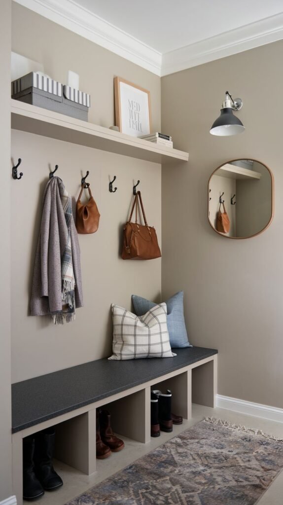 A stylish small entryway mudroom with light gray walls, featuring a dark gray bench with open cubbies for boots and shoes. Above, a white shelf holds decorative items and striped storage boxes, with black hooks below for coats and bags. A round mirror and a wall sconce are also visible, along with a patterned rug on the floor.