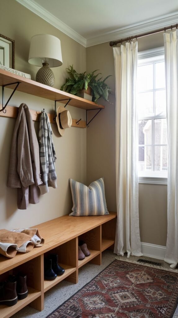 A bright and inviting small entryway mudroom with light brown walls and a large window draped with white curtains. A natural wooden bench provides shoe storage cubbies, and a matching wooden shelf above has hooks for coats. A plant and a lamp add warmth, and a richly patterned rug covers the floor.
