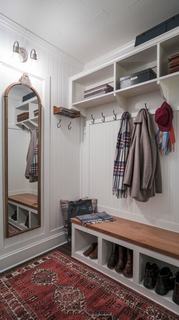 A classic small entryway mudroom featuring white beadboard walls. It includes a wooden-topped bench with white shoe storage cubbies underneath and white shelves above for various items. Hooks hold coats and scarves, and a tall, arched wooden mirror reflects the space. A large, ornate patterned rug covers the floor.