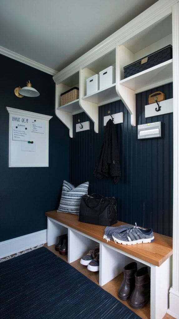 A small entryway mudroom featuring a dark blue accent wall with white beadboard details, a long wooden bench top, and white shelving units. Hooks are present for hanging items, and white storage boxes are on the shelves. A whiteboard and a wall lamp are also visible, along with a dark blue rug on the floor.